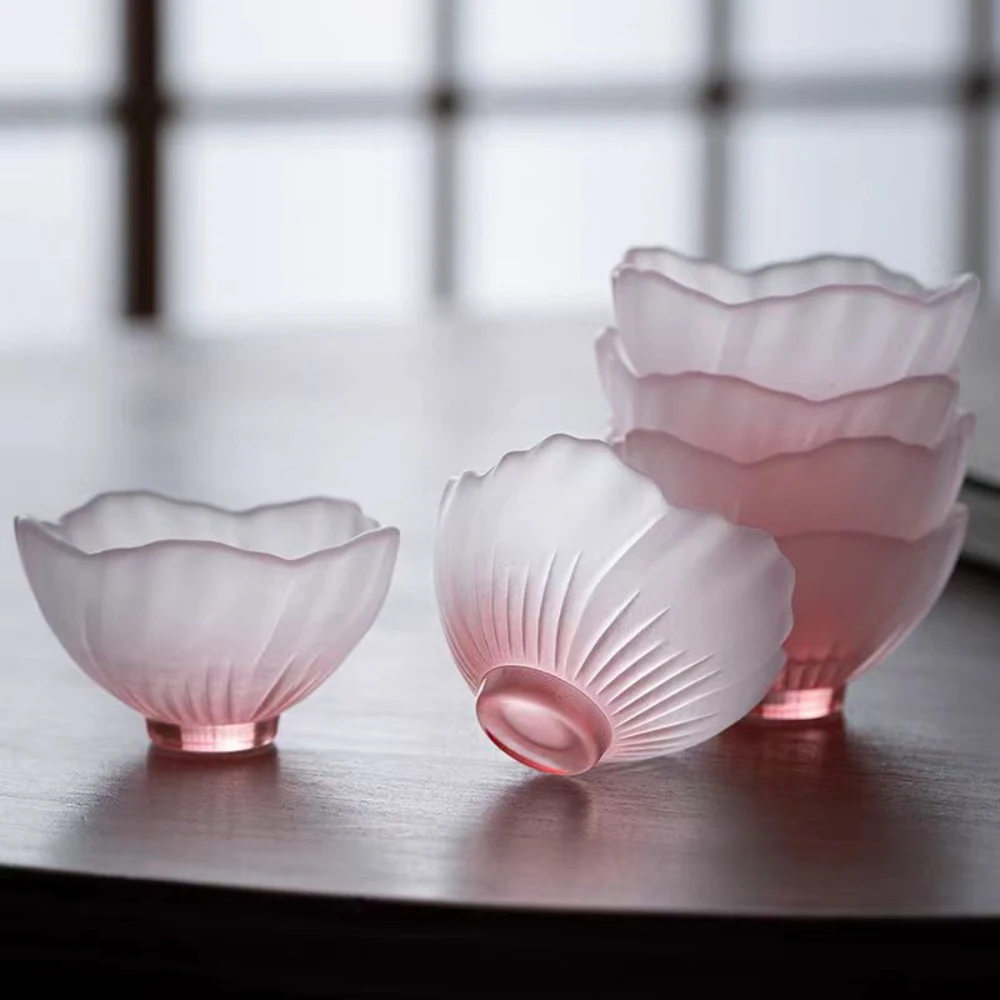 4 Pieces Glazed Glass Frosted Pink Sakura Japanese Teacup, Pink Glazed Lady, Household Flower Teacup, Tea Cup, Petal Cup