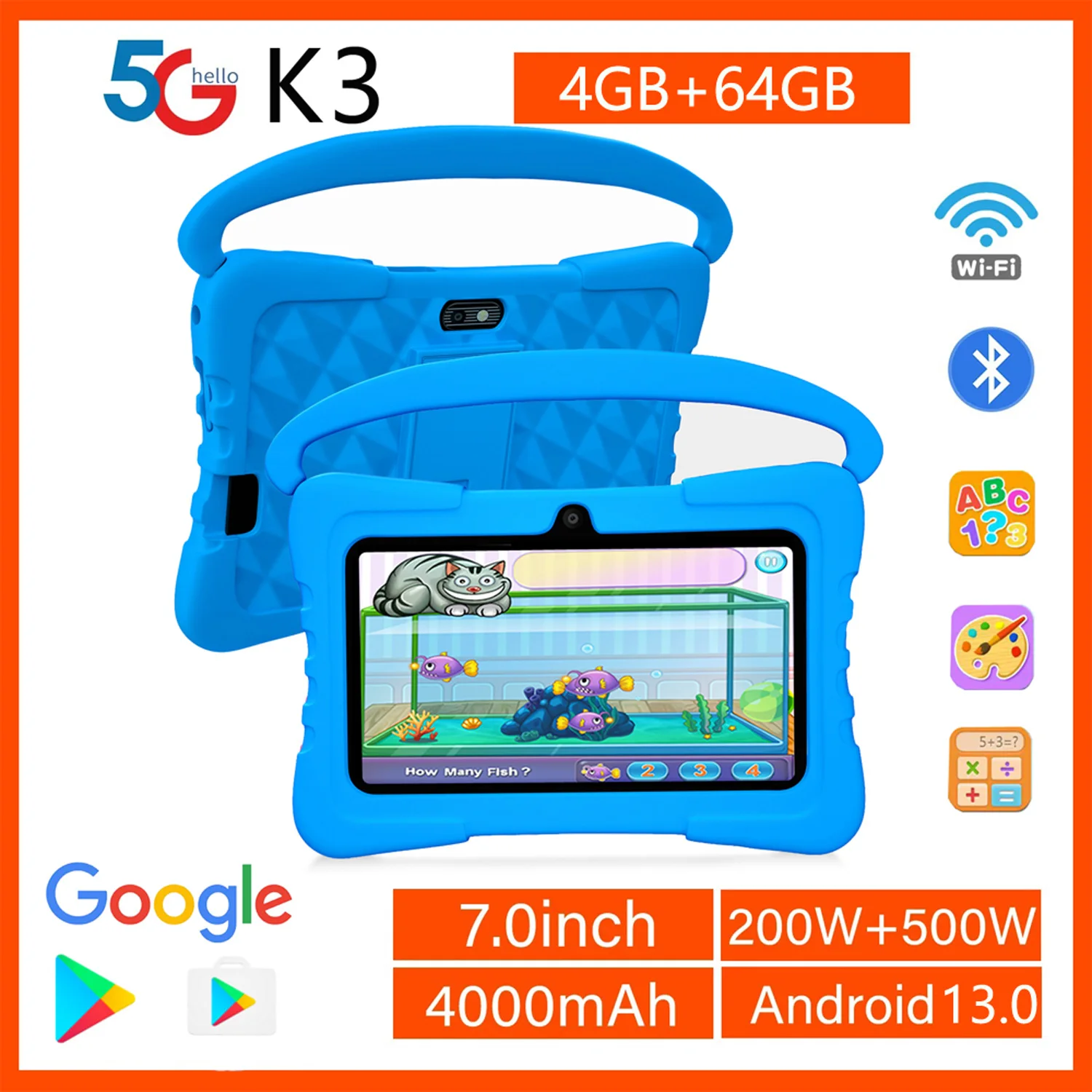 BDF-K3 Kids 7 Inch Android Tablets Quad Core 4GB+64GB ROM Cartoon Portable with Kids-Proof Protective Case Best Gift for Childre