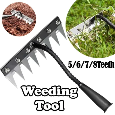 5/6/7/8Teeth Agricultural Rake Soil Loosening Weeding Tool Multifunction Metal Weeding Rake Garden Weeding Rake Gardening Tools