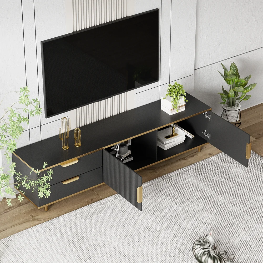 TV wardrobe TV Low Board With 2 Doors, Long 175cm TV table Living Room Cabinets TV furniture With Golden Handles, 175x45x40cm Image