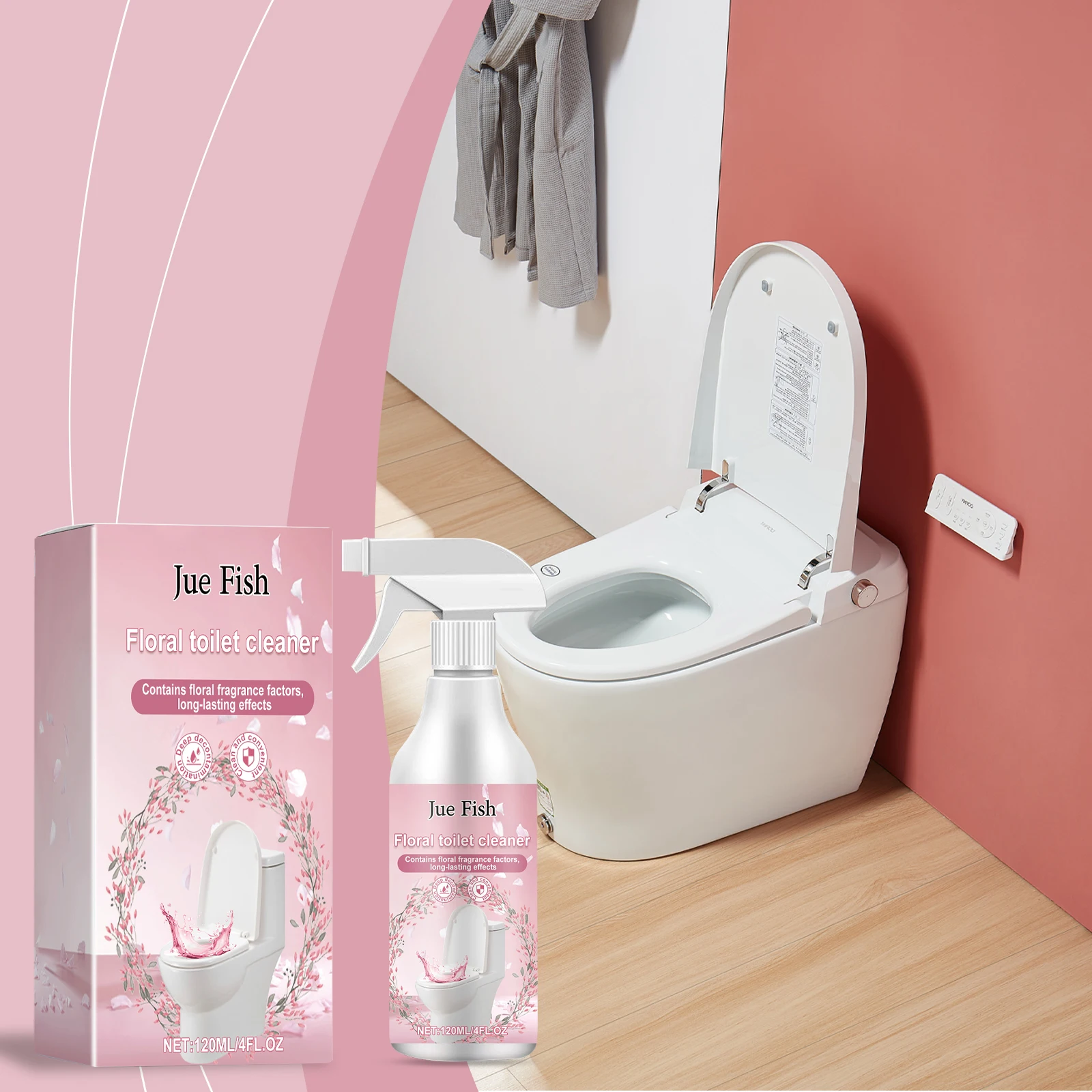 Jue Fish floraler Toiletten-Dekontaminationsreiniger, Toiletten-WC-Schmutzreiniger, aromatischer Haushalts-Toilettenreiniger, 120 ml Image