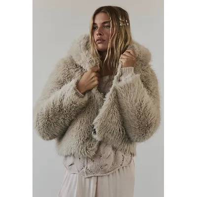 Louder Please Hooded Faux Fur Jacket at Free People in Almond Flour, Size: Small