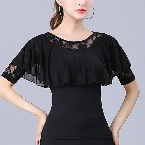 Lateinamerikanischer Tanz Oberteil Spitze Unifarbe Spleißen Damen Leistung Training Kurzarm Hoch Polyester Image