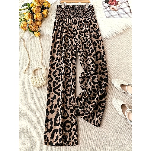 Damen Weites Bein Hosen Hose Streetwear Lässig Lang Hohe Taille Leopard Drucken Elastisches Kordelzugdesign Atmungsaktivität Weich Mikroelastisch Urlaub Straße Alltagskleidung Gelb Kaffee Grau Sommer Image