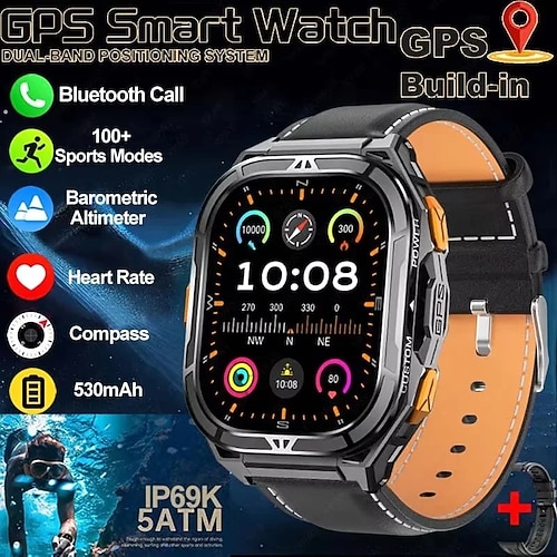 X5 Smartwatch 1.96 Zoll Smartwatch Fitnessuhr Bluetooth Anruferinnerung Aktivitäts-Tracker Herzschlagmonitor Sitzende Erinnerung Finden Sie Ihr Gerät Kompatibel mit Android iOS IP68 Herren GPS