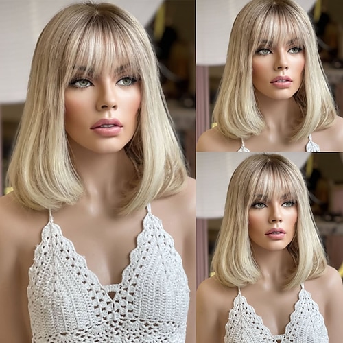 Unbehandeltes Echthaar 5x5 Verschluss 13x4 Spitzenfront Perücke Kurzer Bob Mit Pony Brasilianisches Haar Glatt Blond Perücke 130% 150% Haardichte Ombre-Haar Natürlicher Haaransatz 100% Unbehandelt Image