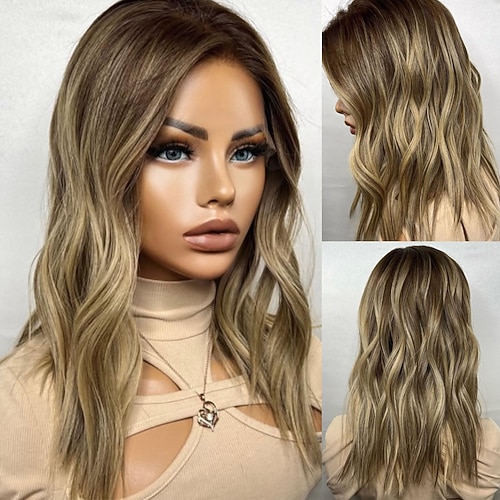Unbehandeltes Echthaar 5x5 Verschluss 13x4 Spitzenfront Perücke Mittelscheitel Brasilianisches Haar Gewellt Blond Perücke 130% 150% Haardichte Ombre-Haar Hervorgehobenes / Balayage-Haar Natürlicher Image