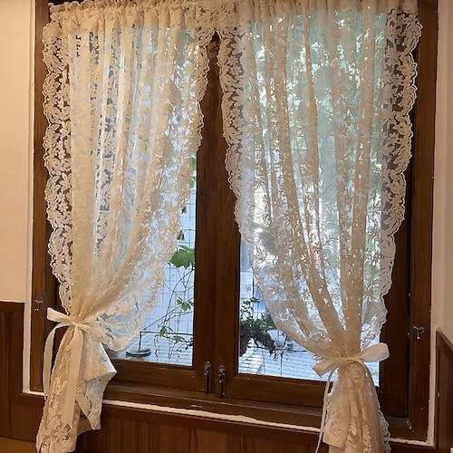 1 Stück Vintage Jacquard-Gardine, kurzer Vorhang mit Stangentasche, Polyester-Netz, Spitze bestickt, für Zuhause, Wohnzimmer, Schlafzimmer, Küche Image