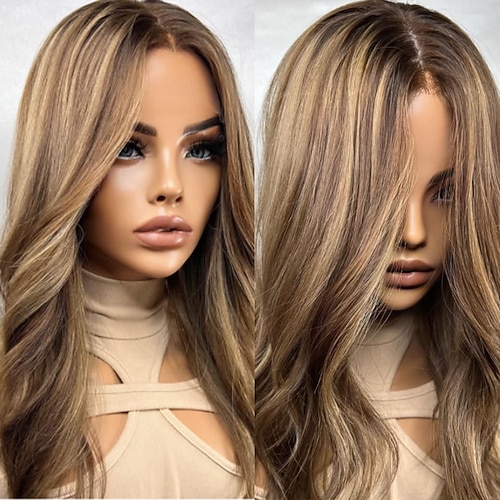 Remy Echthaar 5x5 Verschluss 13x4 Spitzenfront Perücke Mittelscheitel Brasilianisches Haar Gewellt Mehrfarbig Perücke 130% 150% Haardichte mit Babyhaaren Ombre-Haar Hervorgehobenes / Balayage-Haar Image