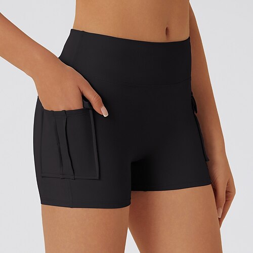 Damen Yogashorts Bikershorts Mit Taschen Bauchkontrolle Hohe Taille Fitnessstudio Training sportlich Unterteile Einfarbig Schwarz Blau Dunkelblau Sport Sportkleidung Enge Passform Image