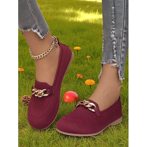 Orangefarbene Flyknit-Slip-On-Loafer mit weiter Zehenpartie für Damen – bequeme, atmungsaktive Freizeit-Ballerinas mit Metallkettendetail, ideal zum Einkaufen, für die Arbeit und Spaziergänge im Garten Image