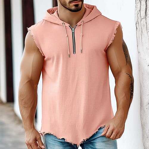 Herren Leinenhemd Tank Top Weste Unterhemd Ärmellos Mit Kapuze Sommer Einfach Mode Klassisch Modern Viertel Postleitzahl Straße Lässig Sport Schwarz Rosa Blau Top T-Shirt für Herren Image