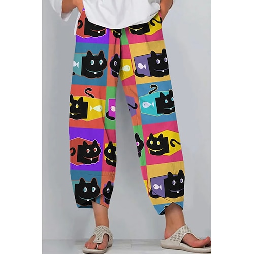 Damen Stoffhosen Urlaub Vintage Ethno-Stil Knöchellang Hohe Taille Grafik Tiermotiv Katze Elastischer Bund Bequem Atmungsaktivität Weich Unelastisch Täglich Outdoor Straße Schwarz Braun Sommer