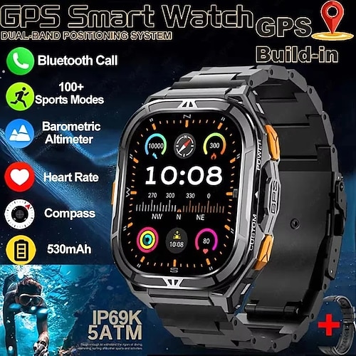 X5 Smartwatch 1.96 Zoll Smartwatch Fitnessuhr Bluetooth Anruferinnerung Aktivitäts-Tracker Herzschlagmonitor Sitzende Erinnerung Finden Sie Ihr Gerät Kompatibel mit Android iOS IP68 Herren GPS