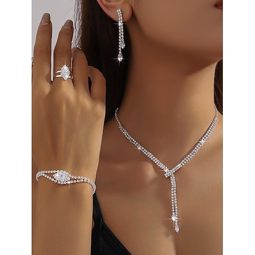 Luxuriöses Strass-Schmuckset für Damen – elegante Halskette, Armband, Ohrringe und Ring aus Silber, funkelnde Statement-Accessoires für Tanzabende und Cocktailpartys Image