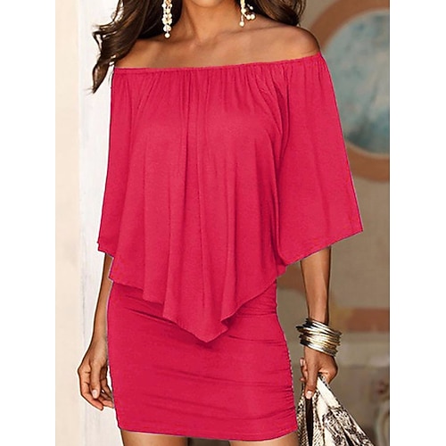 Damen Minikleid Freizeitkleid Etui-Kleid Mode Modern Täglich Strand Wochenende Normale Passform Einfach Langarm Schulterfrei Weiß Wein Rote Purpur Sommer Frühling Herbst Image