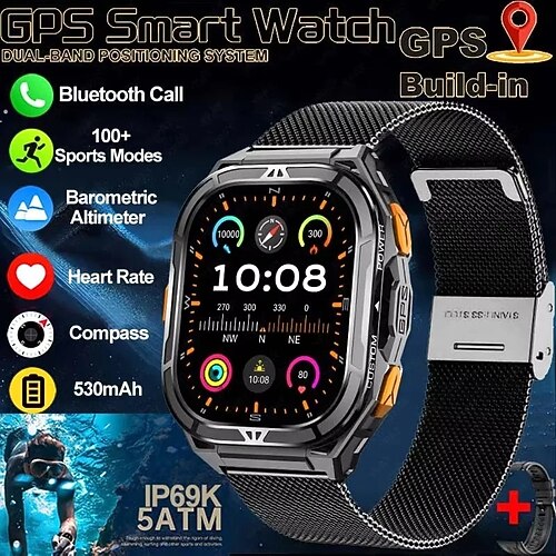 X5 Smartwatch 1.96 Zoll Smartwatch Fitnessuhr Bluetooth Anruferinnerung Aktivitäts-Tracker Herzschlagmonitor Sitzende Erinnerung Finden Sie Ihr Gerät Kompatibel mit Android iOS IP68 Herren GPS Image