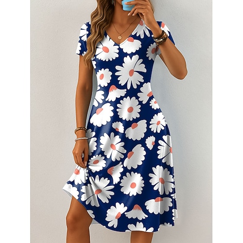 Damen Midikleid Freizeitkleid T-Shirt-Kleid Sommerkleid A Linie Kleid Urlaub Lässig Boho Strand Normale Passform Blumen Grafik Kurzarm V Ausschnitt Blau Schwarz Rosa Rote Sommer Frühling Image