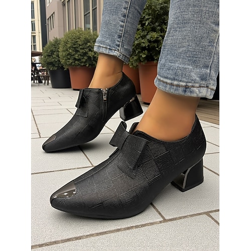 Schwarze Damenstiefeletten mit strukturiertem Blockabsatz – elegante kurze Stiefel mit Schleifendekor und spitzer Spitze, Business-Casual- und Bürokleidung für Herbst und Winter Image