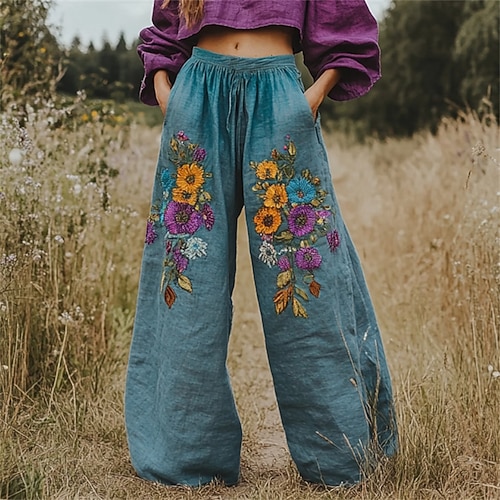 Damen Weites Bein Hosen Hose Palazzo-Hose Vintage Boho Volle Länge Hohe Taille Blume Elastischer Bund Drucken Atmungsaktivität Bequem Straße Alltagskleidung Ausgehen Blau Frühling Herbst Normale Image