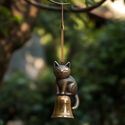 handgefertigtes Retro-Katzen-Windspiel, Vintage-Kupfer-Windspiel in Katzenform mit Glocke, Dekoration zum Aufhängen im Freien für Veranda und Garten, ideale Geschenke für Katzenliebhaber