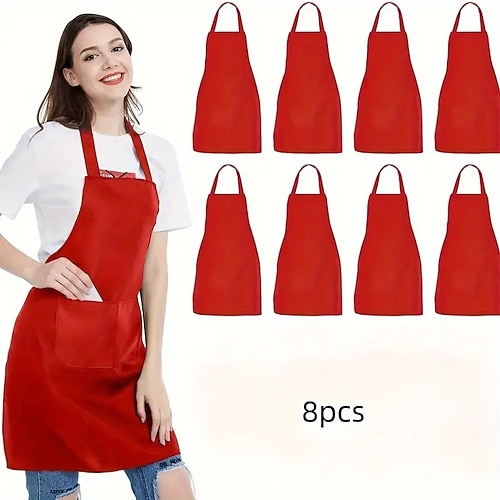 8er-Set Unisex-Schürzen, strapazierfähige, einfarbige Küchenschürzen aus Polyester mit verstellbarem Halsausschnitt und 2 großen Taschen, maschinenwaschbar zum Kochen, Grillen, Basteln, für den Urlaub Image