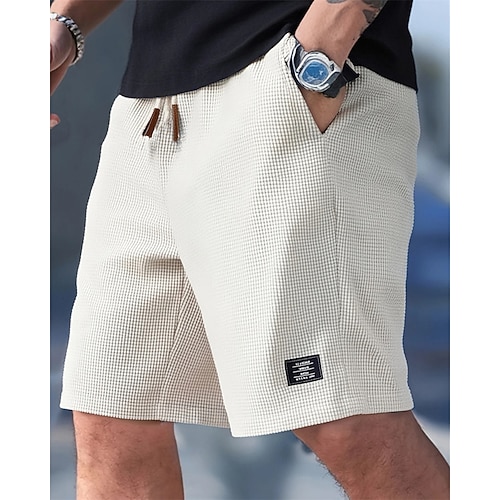 Herren Waffel-Shorts Shorts Sommershorts Freizeitshorts Tasche Elastischer Bund Kordelzug Einfach Komfort Atmungsaktiv Knielang Outdoor Urlaub Sport Lässig Schwarz Weiß Mikroelastisch Image