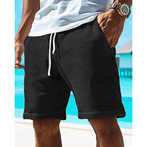 Herren Waffel-Shorts Shorts Sommershorts Freizeitshorts Tasche Elastischer Bund Kordelzug Einfach Komfort Atmungsaktiv Kurz Outdoor Urlaub Sport Lässig Schwarz Weiß Image