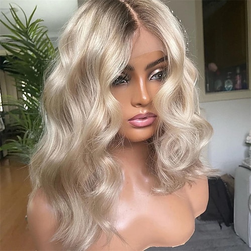 unverarbeitetes Echthaar, 5 x 5 Perücken mit Spitzenverschluss, kurzer Bob, 13 x 4 Perücke mit Spitzenfront, brasilianisches Haar, gewellte Ombre-Aschblondperücke mit Babyhaar, klebefrei für Frauen Image
