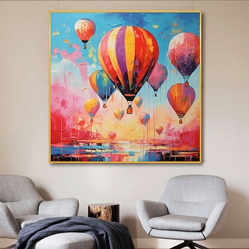 handgefertigtes Ölgemälde auf Leinwand, Wandkunst, Dekoration, moderne abstrakte Heißluftballonlandschaft für die Inneneinrichtung, aufgespannter Rahmen, hängendes Gemälde/gerolltes rahmenloses, Image
