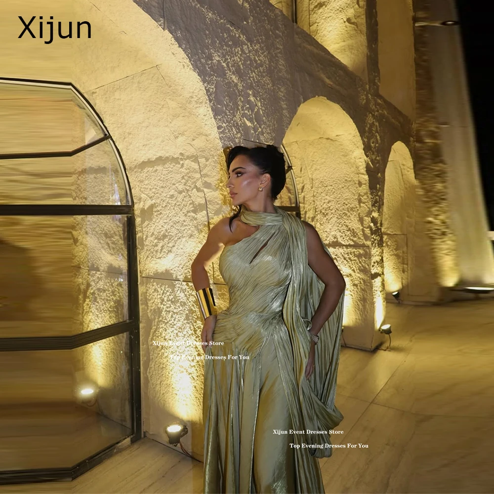 Xijun Elegante grüne lange Abendkleider, One-Shoulder-Falten, Ballkleider, Seidensatin, formelle Anlässe, Ballkleider 2025, individuell gestaltet Image