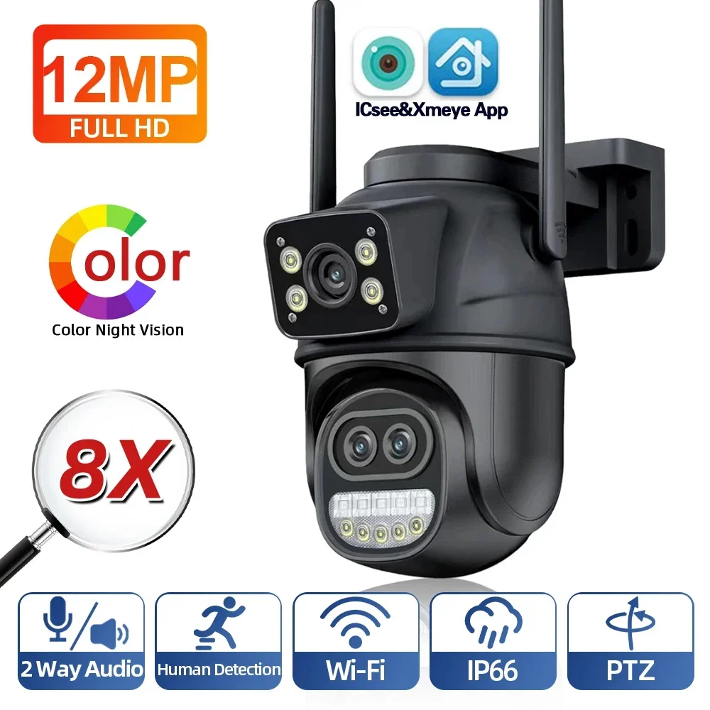 ICSEE Smart WIFI Sicherheit Kamera 12MP 8K Drei Objektiv 8X Zoom Outdoor HD Video Überwachung IP Kameras IPTV CCTV PTZ Auto Tracking Image