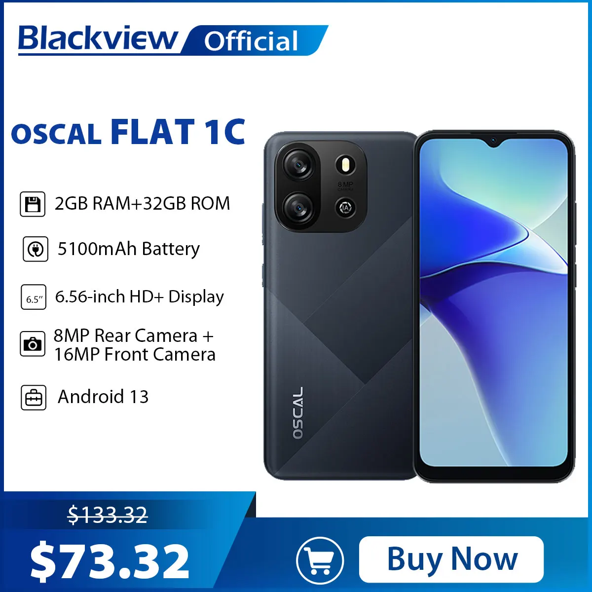 Blackview OSCAL FLAT 1C Mobile Phone Android 13, 2GB 32GB Cheap 6.65'' Smartphone, 4700mAh Battery Cell Phone Face Unlocked, 4G