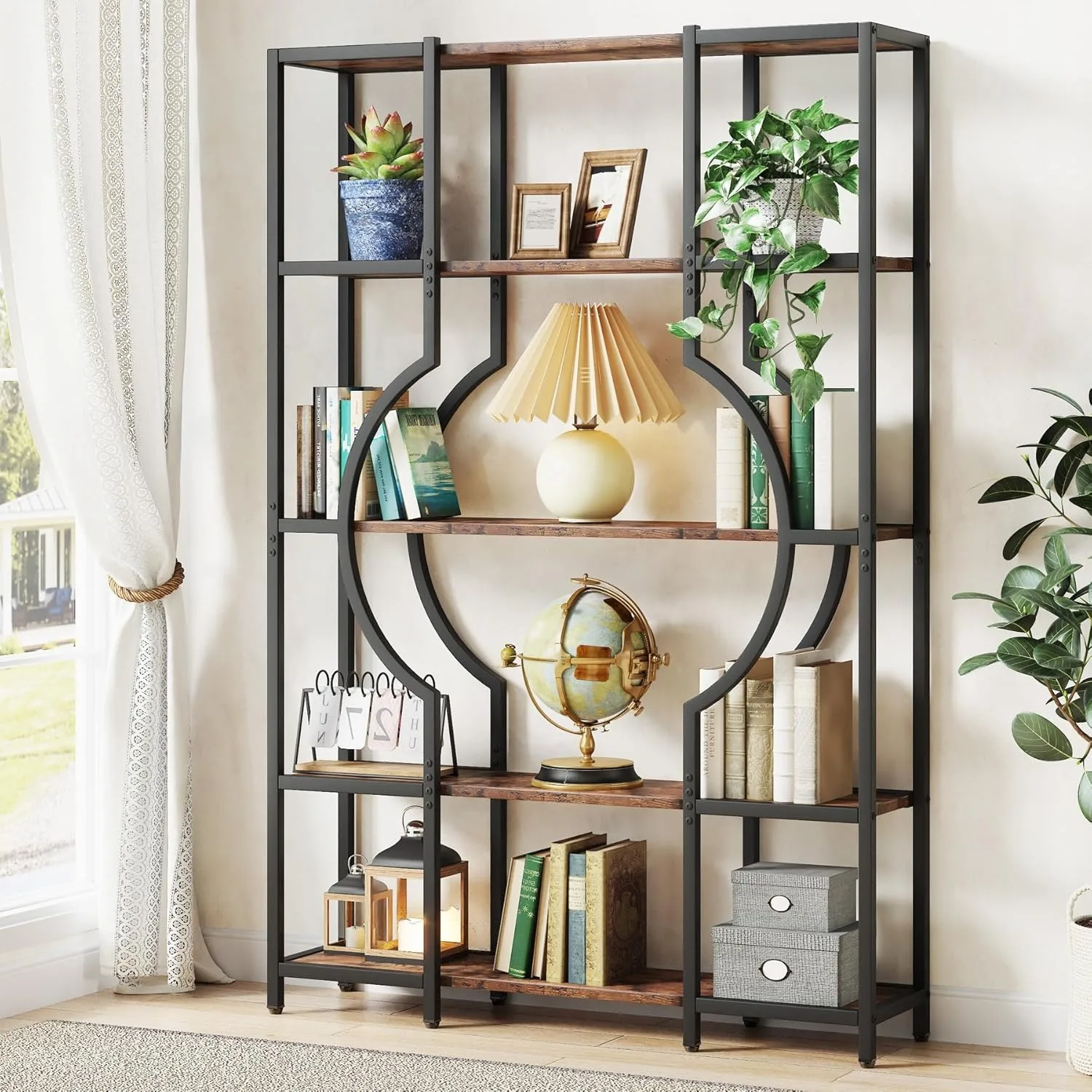 5-stufiges Bücherregal und Bücherregal, hohes Vintage-Bücherregal mit 12 offenen Ausstellungsregalen für Heimbüro, Wohnzimmer, Schlafzimmer