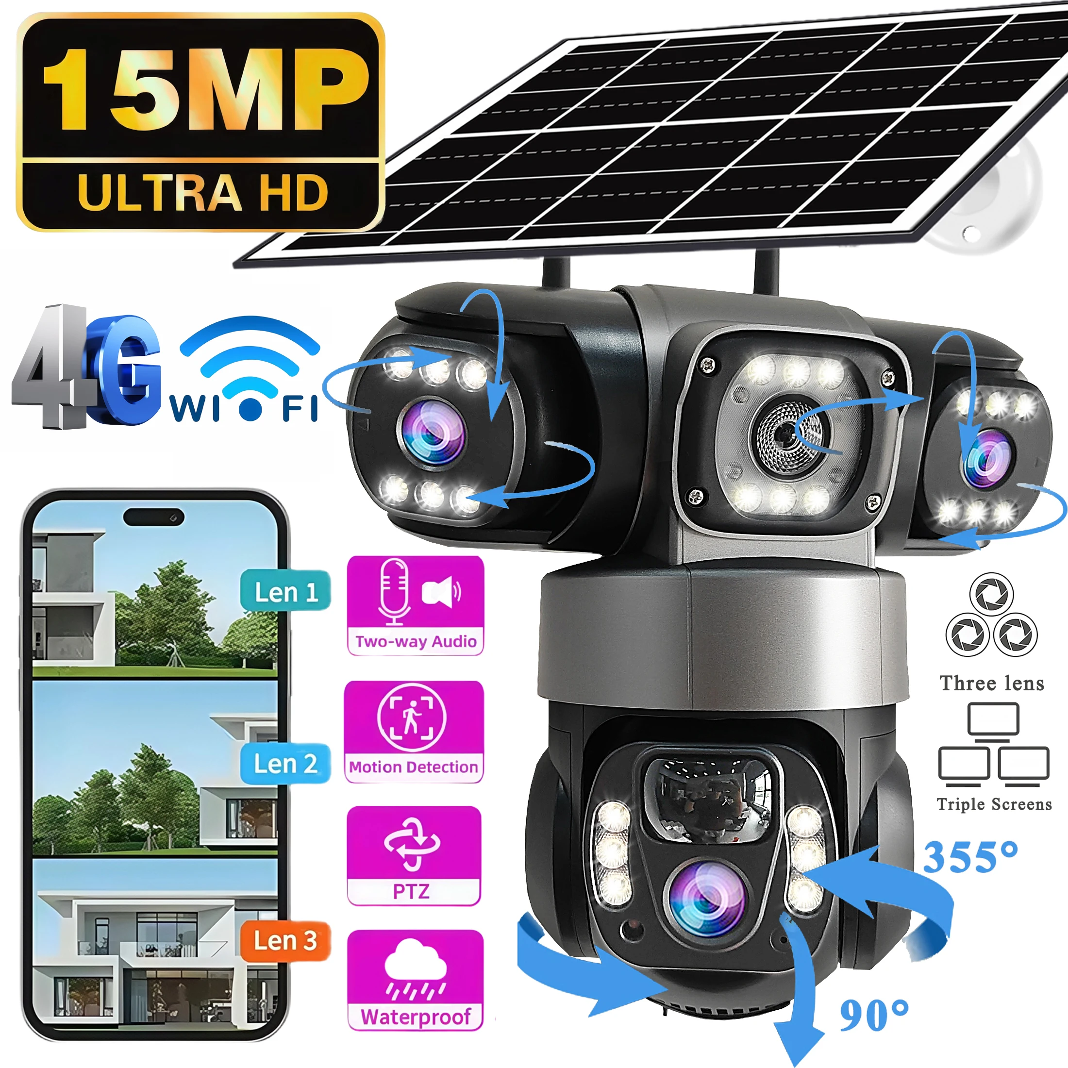 V380PRO 3 lenti WiFi Telecamera solare 15MP 360 CCTV impermeabile esterno Visione notturna Telecamera audio bidirezionale Monitoraggio mobile Telecamera IP 4G