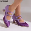Große Größe 44 45 46 47 Frühjahr Neue Retro Aushöhlen Mary Jane Schuhe Frauen Flock Spitze Zehen Hochhackige Kleid Zapatos Damen Pumpen