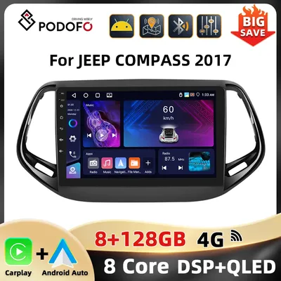 Podofo GPS WIFI 4G Car Audio For JEEP COMPASS 2017 Multimedia Player Bluetooth Carplay Android Auto 8Core FM RDS DSP Car Stereo