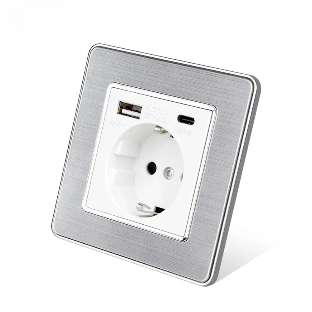 Typ-C USB EU / Spanien / Russland Grauer Wandsteckdosenhalter Edelstahlplatte Schnellladegerät mit Telefonausgang Image