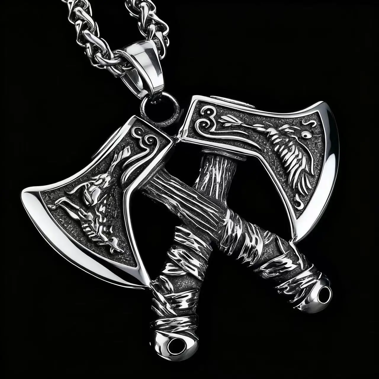 HNSP 316L Edelstahl Viking Warrior Doppel Axt Anhänger Halskette Für Männer Vintage-Schmuck Zubehör Image
