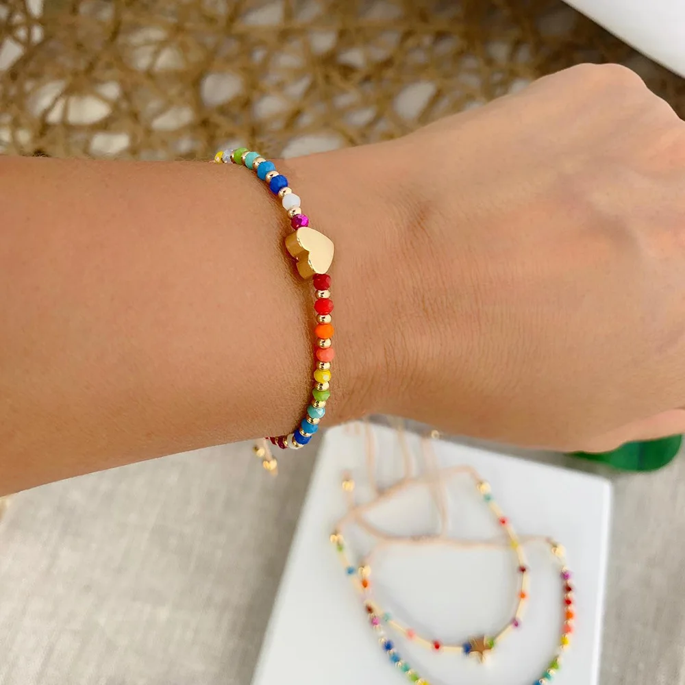 18 Karat vergoldetes Herz-Charm-Regenbogen-Kristall-Perlen-Handseil-Armband, einfacher europäischer und amerikanischer Stil für Mädchen Image