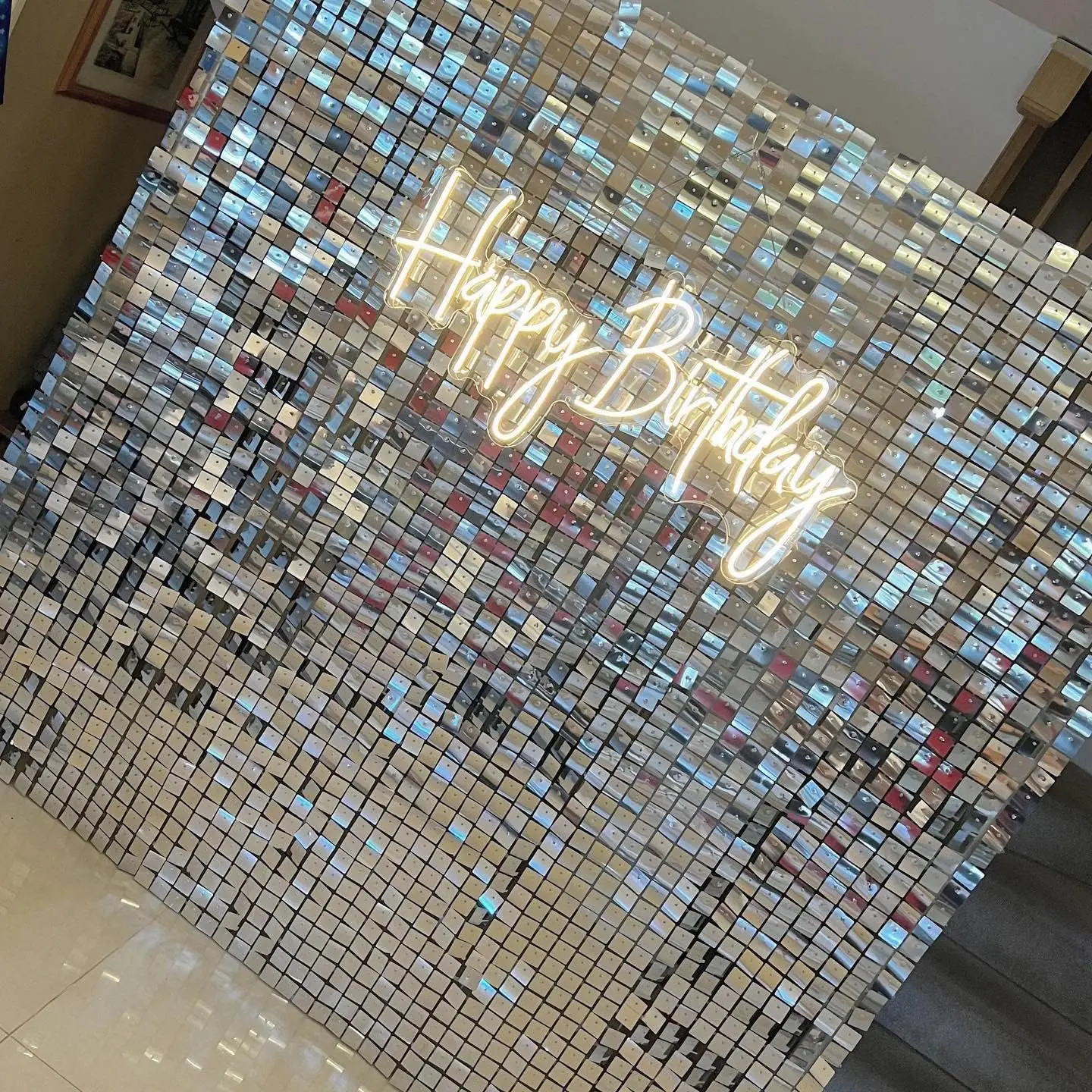 12 Stück schimmernde Wandhintergrund, silberfarben, quadratisch, mit Pailletten, schimmerndes Wandpaneel für Geburtstag, Hochzeit, Babyparty, Party-Hintergründe Image