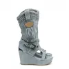 Reißverschluss-Schuhe, Stiefel, Damen, Neu, 2025, runde Zehen, große Größe, eleganter Keil, Cowboy-Damen, hoher Absatz, flacher PU-Leinwand, lässiger Stoff, Sol
