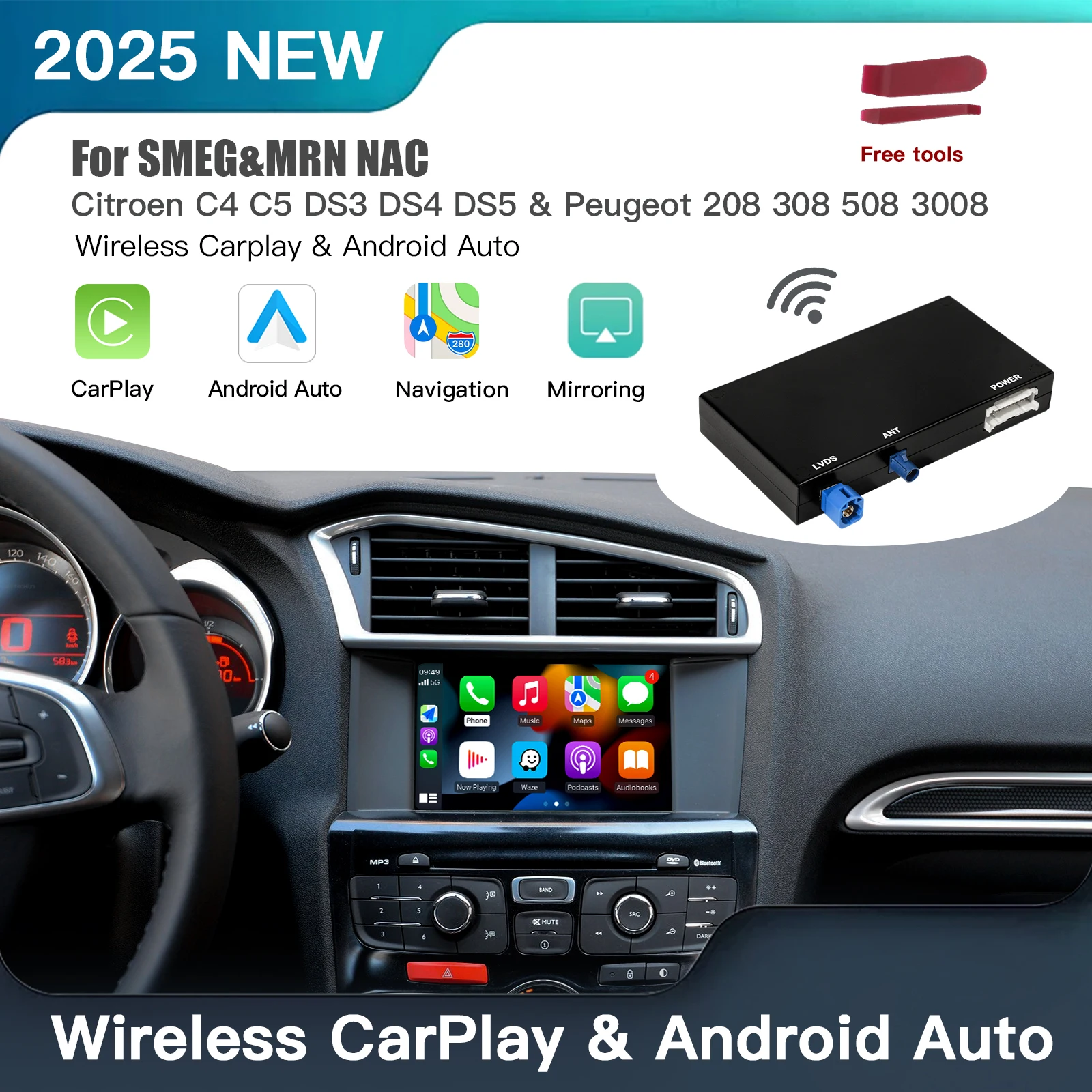 CARABC Drahtlose Carplay Android Auto Passt Für Peugeot & Citroren SMEG & MRN NAC 208 308 508 3008 & C4 DS3 DS4 DS5 Reverse Kamera Image