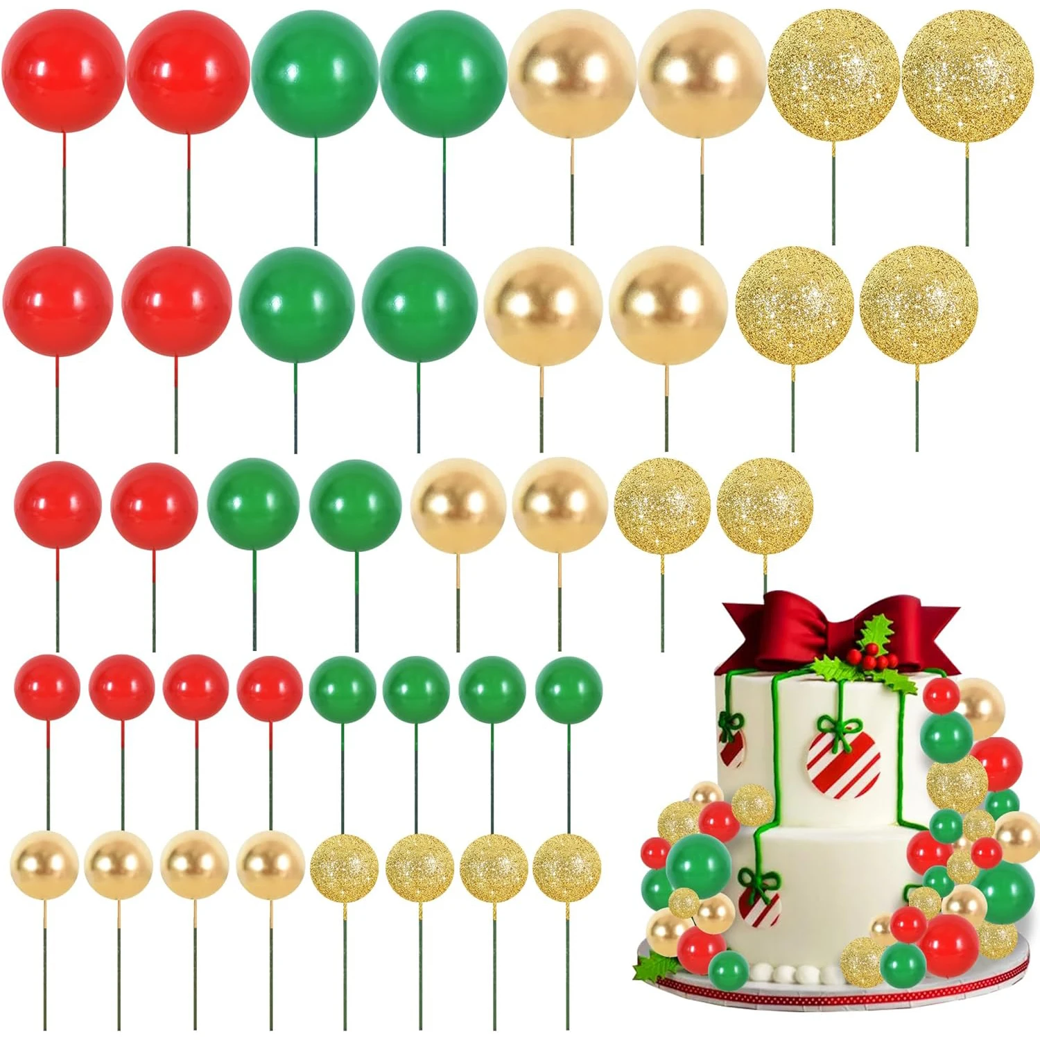 40 Stück Mini-Kugeln, Kuchendekorationen, Rot, Grün, Gold, Silber, Schaumstoffkugeln, Kuchenaufsatz zum Backen, Weihnachtsfeier-Dekorationen Image