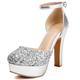 Women's Glitter Platform Sandals 12cm Chunky Heel 3.5cm Sole Round Toe Ankle Strap PU Leather Slip-Resistant Extended Sizes (34-48),Silver,6 UK
