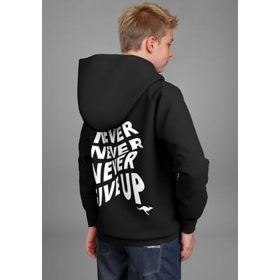 Kapuzensweatshirt KANGAROOS "NEVER GIVE UP", Jungen, Gr. 128/134, schwarz, Single Jersey, Obermaterial: 100% Baumwolle. Kapuzenfutter: 100% Baumwolle, bedruckt, modisch, Basic, Langarm Rippbündchen, Sweatshirts, Sweatshirt mit großem Rückendruck Image