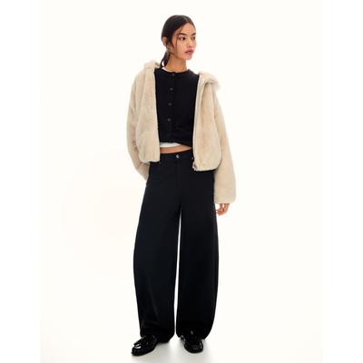Bershka Hooded Faux Fur Jacket Women M Sand