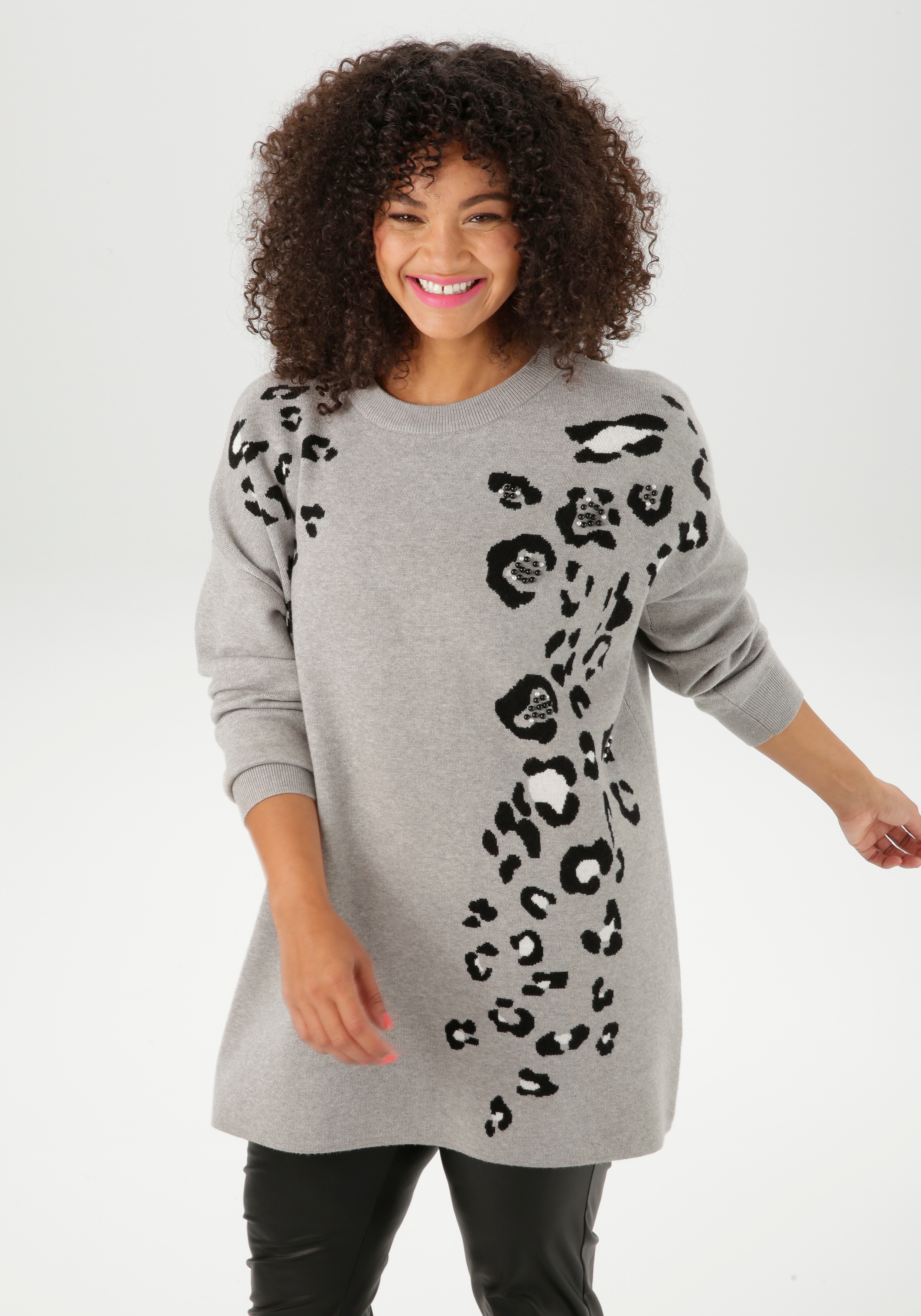 Strickpullover ANISTON PLUS, Damen, Gr. 50, schwarz-weiß (grau, schwarz, weiß, melange), Strick, Obermaterial: 50% Viskose, 28% Polyester, 22% Polyamid, animal-print, figurumspielend hüftlang, Rundhals, Rippbündchen, Pullover Strickpullover, mit...