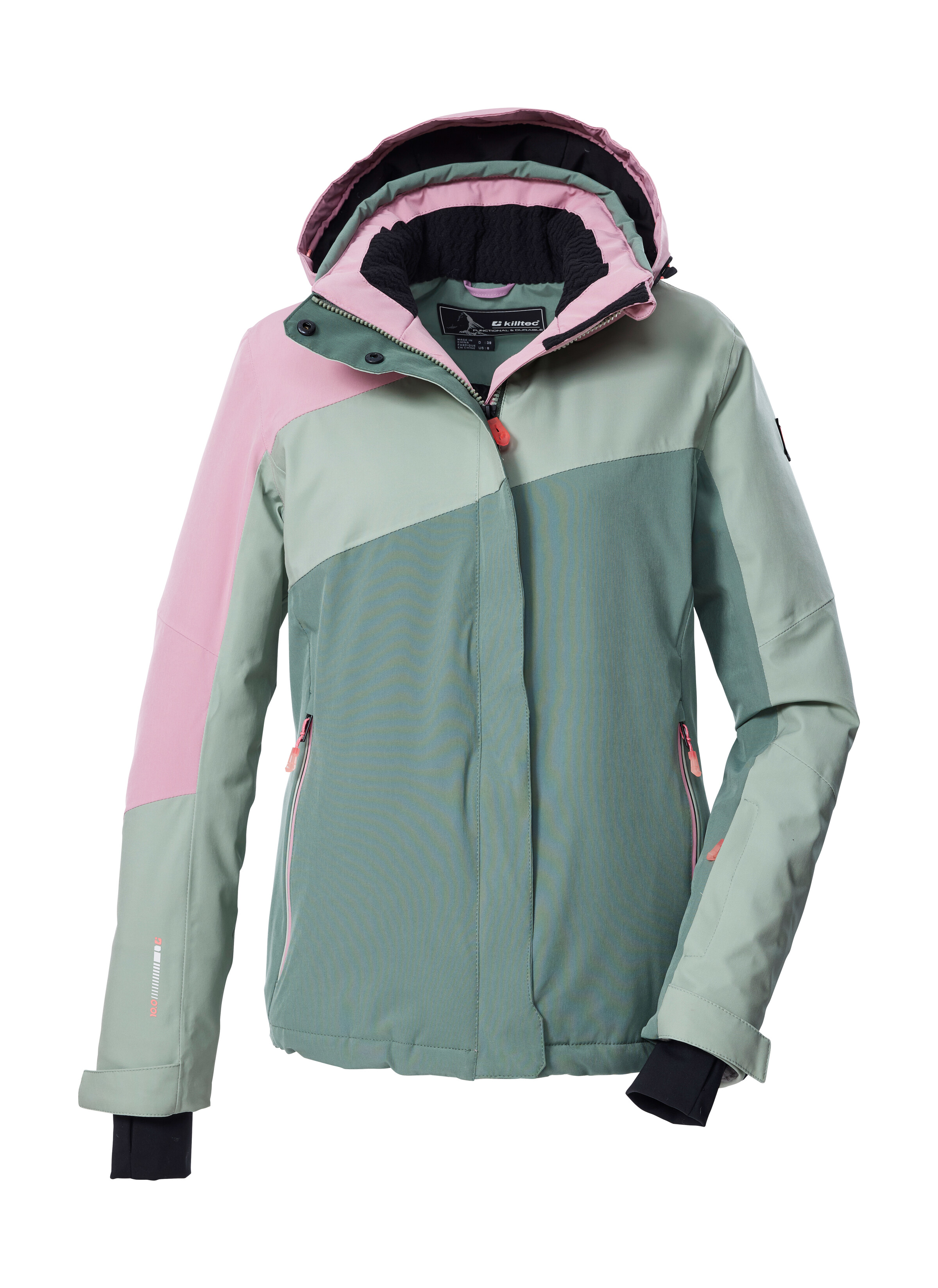 Skijacke KILLTEC "KSW 26 WMN SKI JCKT", Damen, Gr. 46, graugrün, Oberstoff: 100% Polyester, Futter: 100% Polyester, Füllung: 100% Polyester (recycelt), Sportlich, Jacken, Wind- und wasserdicht, atmungsaktiv, Colourblock-Design, PFAs-frei Image