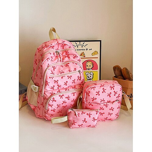 Set di 3 zaini scolastici per ragazze adolescenti: zaino in tela leggero con stampa di un grazioso fiocco rosa, borsa a tracolla di grande capacità e astuccio per matite, perfetto per la scuola, i viaggi e l'uso quotidiano.